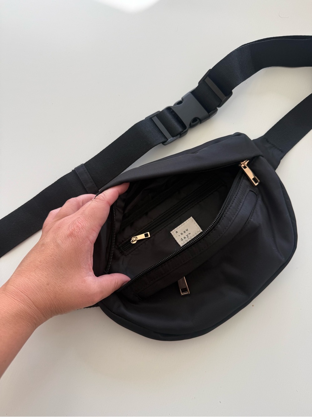Black Crossbody Sling Bag with Gold Hardware